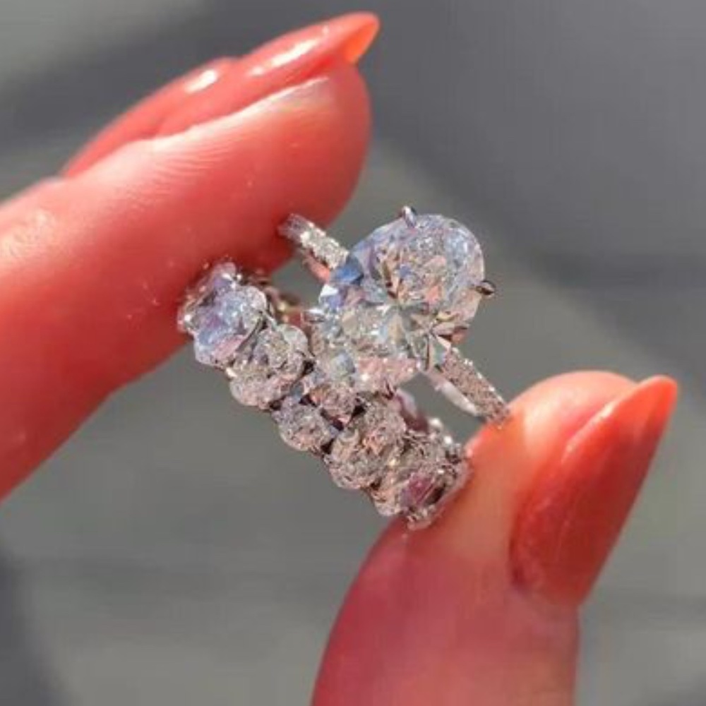 5 US Set 5 Carat Oval Cut Engagement Ring Set, Hidden Halo Ring, Pave